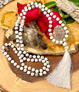 Howlite Happiness 108 Hand Knotted Mala with Tassel Necklace