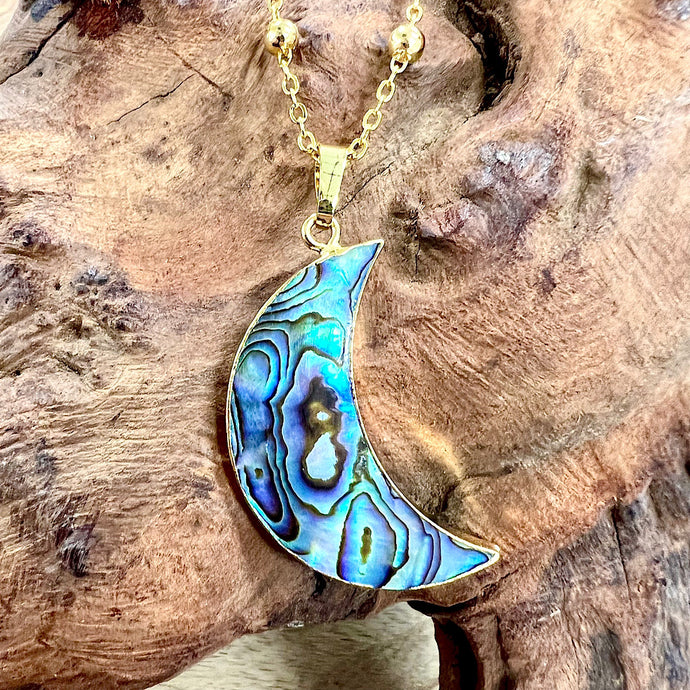 Abalone Shell & Mother of Pearl Peaceful Moon Crescent XL Pendant 30” Gold Necklace