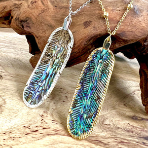 Natural Luxury Abalone Carved Feather XL Pendant 30” Gold Necklace