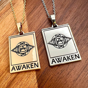 Elizabeth April EA Awaken 2 Sided Channeled & Attuned Evil Eye Protection Cosmic Species Sacred Geometry Card Tag Pendant 18” Gold Necklace