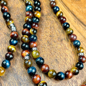 Limited Edition Triple Power Red Tigers Eye Blue Tigers Eye and Yellow Tigers Eye 108 Mala Necklace Bracelet