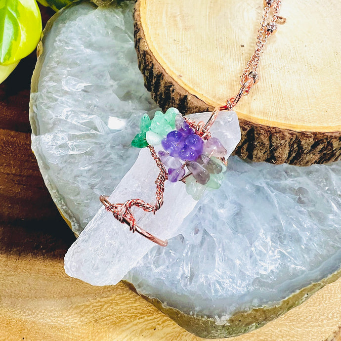 Tree of Life Wire Wrapped Amethyst Green Aventurine Healing Crystal Clear Quartz Raw Pendant 30” Rose Gold Necklace