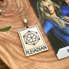 Load image into Gallery viewer, Elizabeth April EA Pleiadian 2 Sided Channeled &amp; Attuned Evil Eye Protection Cosmic Species Sacred Geometry Card Tag Pendant 18” Gold Necklace