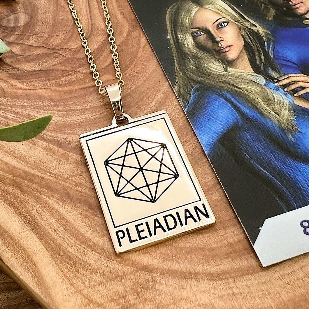 Elizabeth April EA Pleiadian 2 Sided Channeled & Attuned Evil Eye Protection Cosmic Species Sacred Geometry Card Tag Pendant 18” Gold Necklace