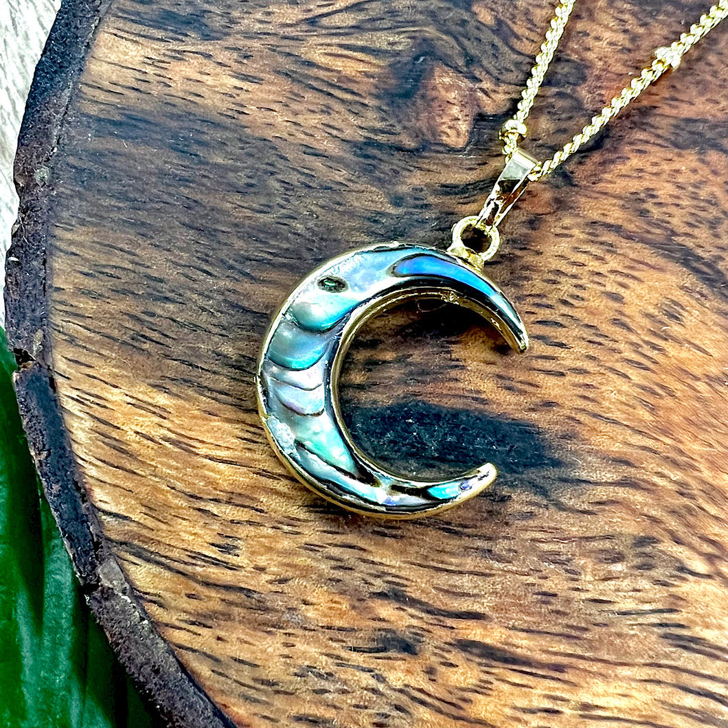 Power Moon Abalone Shell Pendant 18” Gold Necklace