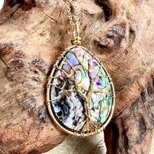 Load image into Gallery viewer, Tree of Life XL Teardrop Abalone Shell Wire Wrapped Pendant 30” Gold Necklace