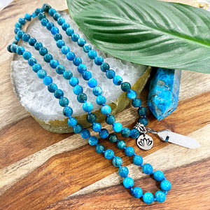 Blue Apatite Manifestation & Motivation 108 Hand Knotted Mala with Point Charm Pendant Necklace