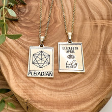 Load image into Gallery viewer, Elizabeth April EA Pleiadian 2 Sided Channeled &amp; Attuned Evil Eye Protection Cosmic Species Sacred Geometry Card Tag Pendant 18” Gold Necklace