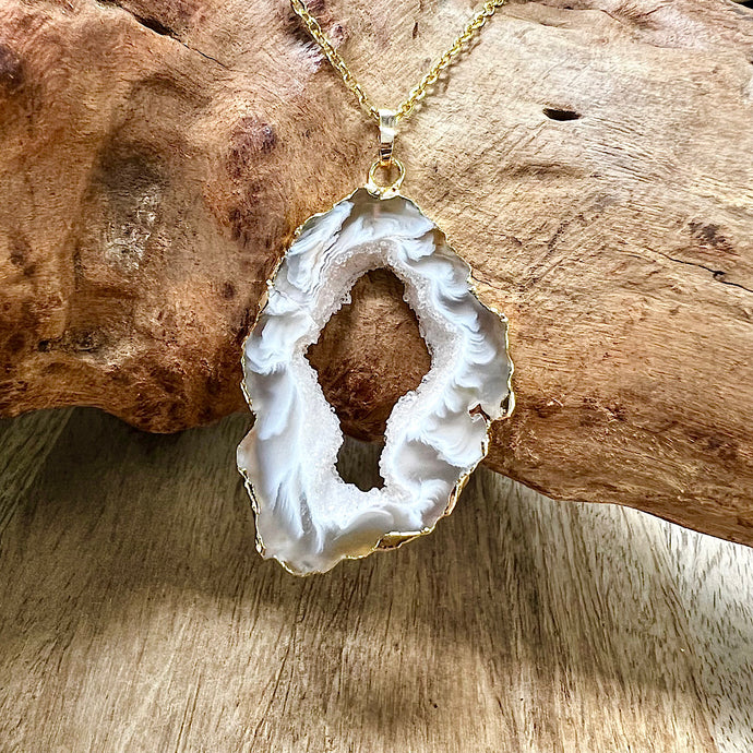 Inner Peace Druzy Quartz Black Lace Agate Geode Slice Pendant 18