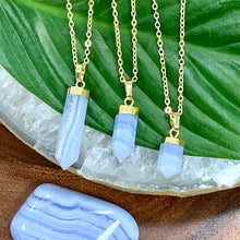 Load image into Gallery viewer, Blue Lace Agate Serenity Mini Tower Point Pendant 18&quot; Gold Necklace