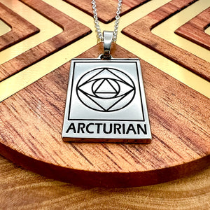 Elizabeth April EA Arcturian 2 Sided Channeled & Attuned Evil Eye Protection Cosmic Species Sacred Geometry Card Tag Pendant 18” White Gold Necklace