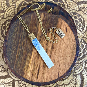 Moon Goddess Selenite & Kyanite Booster Vertical Raw Pendant 18" + 2” Gold Necklace