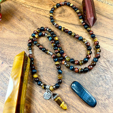 Load image into Gallery viewer, Limited Edition Triple Power Red Tigers Eye Blue Tigers Eye and Yellow Tigers Eye 108 Mala Necklace Bracelet
