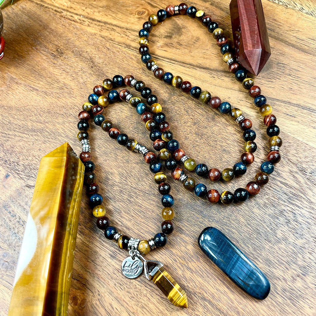 Limited Edition Triple Power Red Tigers Eye Blue Tigers Eye and Yellow Tigers Eye 108 Mala Necklace Bracelet