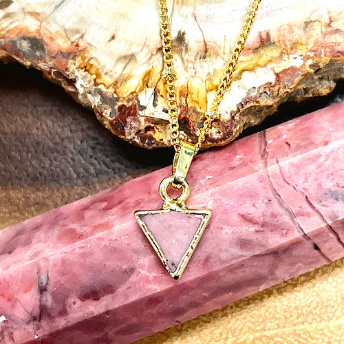 Rhodonite Mini Triangle Strength & Compassion Crystal Pendant 18” Gold Necklace