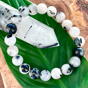 Tourmalinated Quartz Black Tourmaline in Clear Quartz Master Healing 10mm Stretch Bracelet