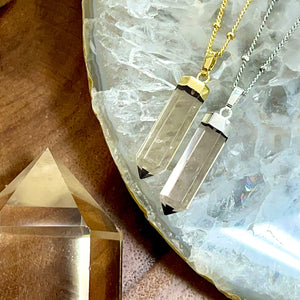 Light Clear Smoky Quartz Purification & Invisibility Cloak Full Tower Point Pendant 18" Gold Necklace