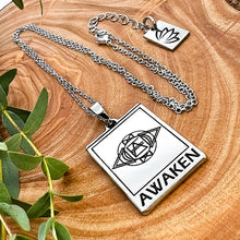 Load image into Gallery viewer, Elizabeth April EA Awaken 2 Sided Channeled &amp; Attuned Evil Eye Protection Cosmic Species Sacred Geometry Card Tag Pendant 18” White Gold Necklace