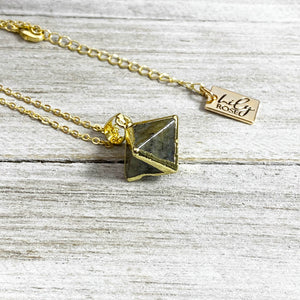 Labradorite Shaman Stone Double Pointed Pyramid Pendant 18” Gold Necklace