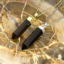 Load image into Gallery viewer, Morion Smoky Quartz Purification &amp; Invisibility Cloak Full Tower Point Pendant 18&quot; White Gold Necklace