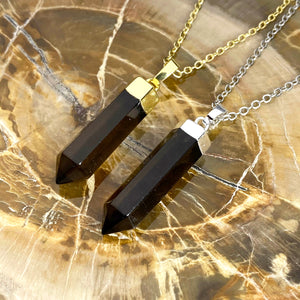 Morion Smoky Quartz Purification & Invisibility Cloak Full Tower Point Pendant 18" White Gold Necklace