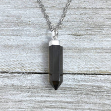 Load image into Gallery viewer, Morion Smoky Quartz Purification &amp; Invisibility Cloak Full Tower Point Pendant 18&quot; White Gold Necklace