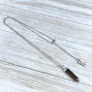 Morion Smoky Quartz Purification & Invisibility Cloak Full Tower Point Pendant 18" White Gold Necklace